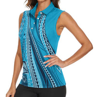 Pasifika Women's Day - Samoa Siapo Malu Tattoo Inspired Women Sleeveless Polo Shirt Turquoise