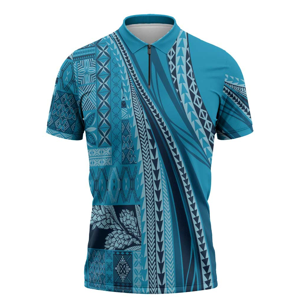 Pasifika Women's Day - Samoa Siapo Malu Tattoo Inspired Zipper Polo Shirt Turquoise