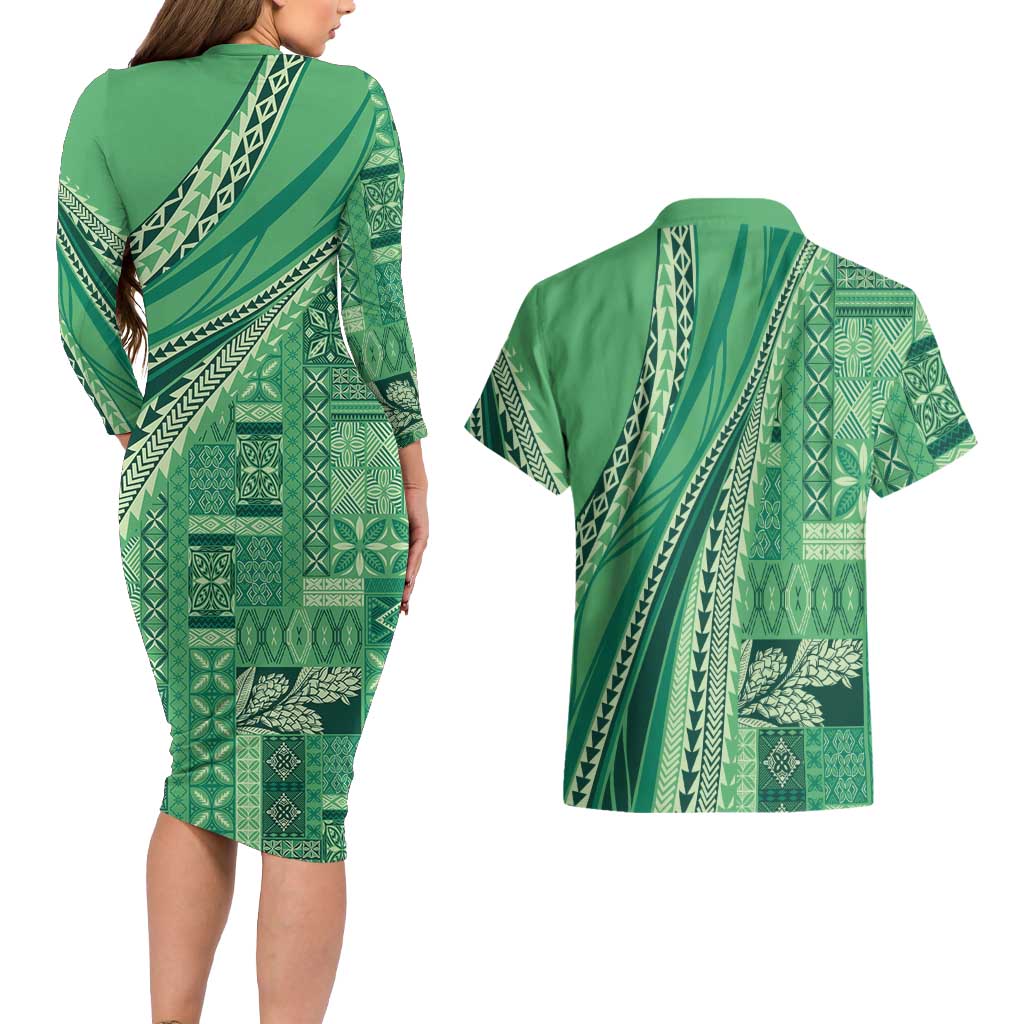 Pasifika Women's Day - Samoa Siapo Malu Tattoo Inspired Couples Matching Long Sleeve Bodycon Dress and Hawaiian Shirt Jade LT7 - Polynesian Pride