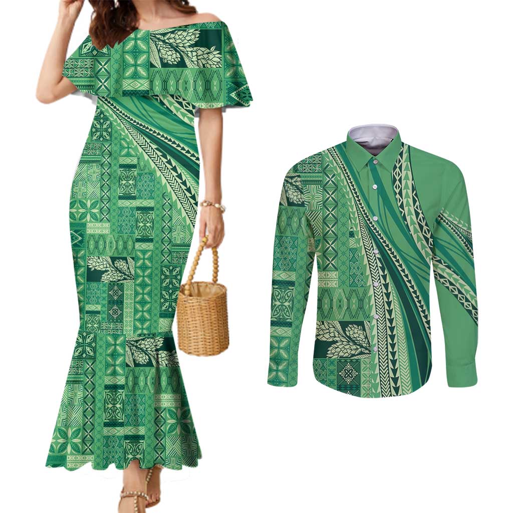 Pasifika Women's Day - Samoa Siapo Malu Tattoo Inspired Couples Matching Mermaid Dress and Long Sleeve Button Shirt Jade