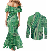 Pasifika Women's Day - Samoa Siapo Malu Tattoo Inspired Couples Matching Mermaid Dress and Long Sleeve Button Shirt Jade LT7 - Polynesian Pride