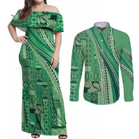 Pasifika Women's Day - Samoa Siapo Malu Tattoo Inspired Couples Matching Off Shoulder Maxi Dress and Long Sleeve Button Shirt Jade