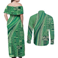 Pasifika Women's Day - Samoa Siapo Malu Tattoo Inspired Couples Matching Off Shoulder Maxi Dress and Long Sleeve Button Shirt Jade