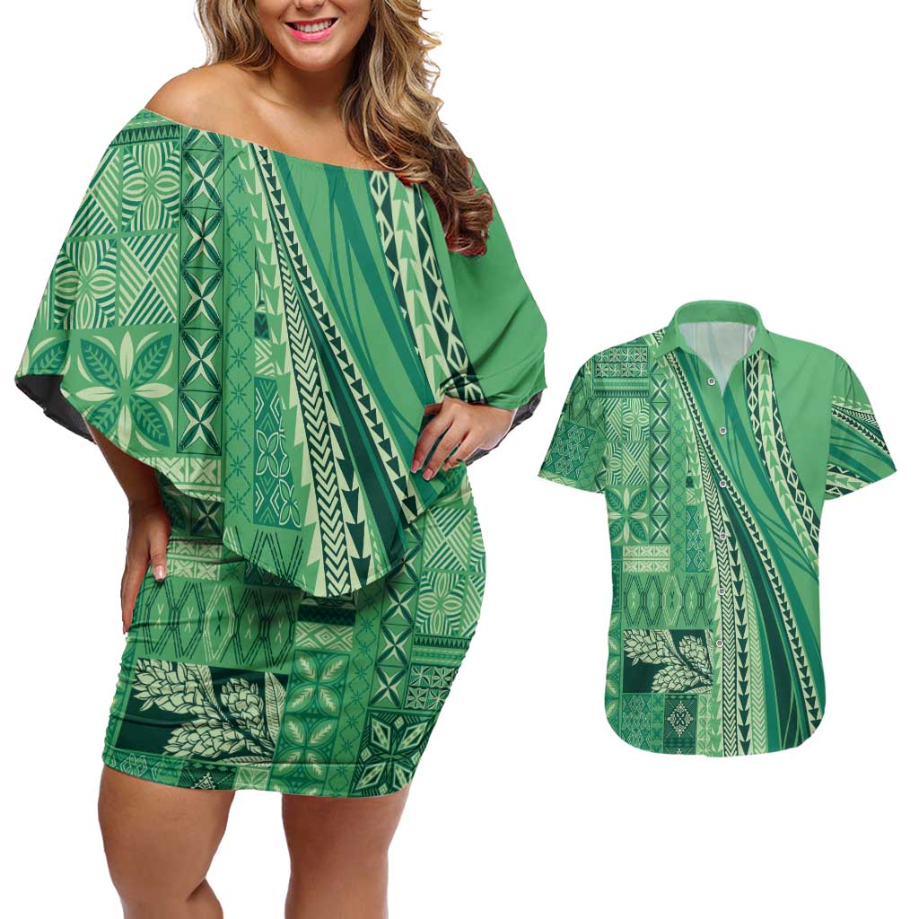 Pasifika Women's Day - Samoa Siapo Malu Tattoo Inspired Couples Matching Off Shoulder Short Dress and Hawaiian Shirt Jade LT7 Jade - Polynesian Pride