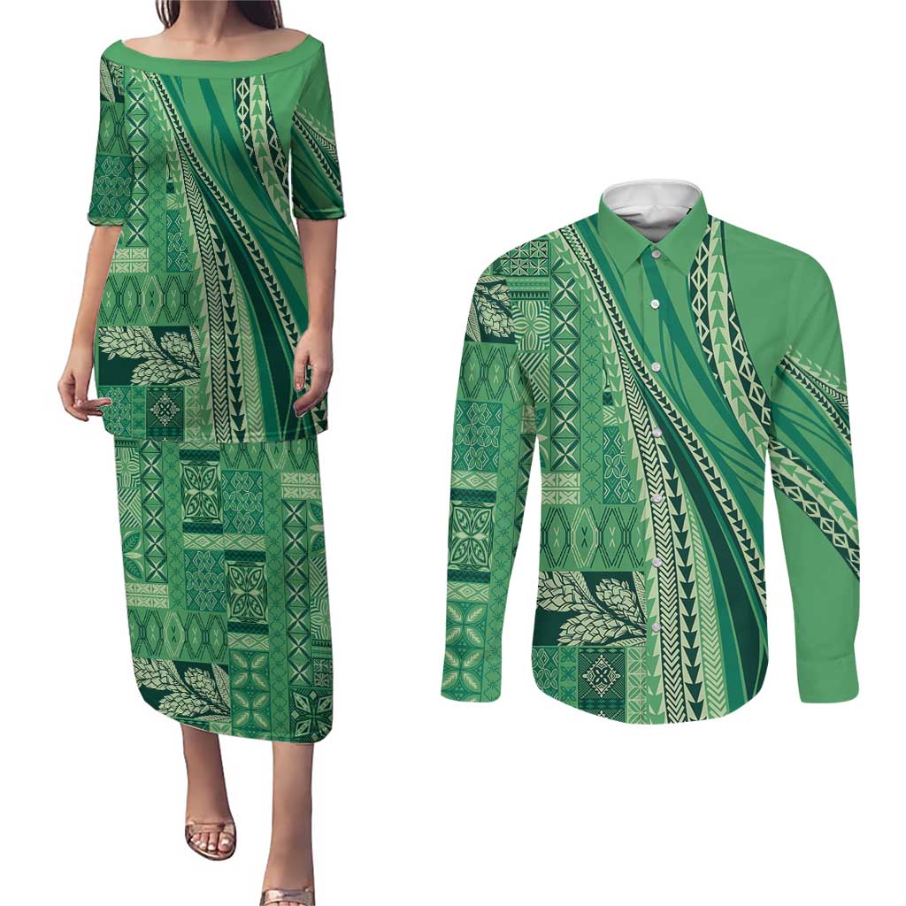 Pasifika Women's Day - Samoa Siapo Malu Tattoo Inspired Couples Matching Puletasi and Long Sleeve Button Shirt Jade