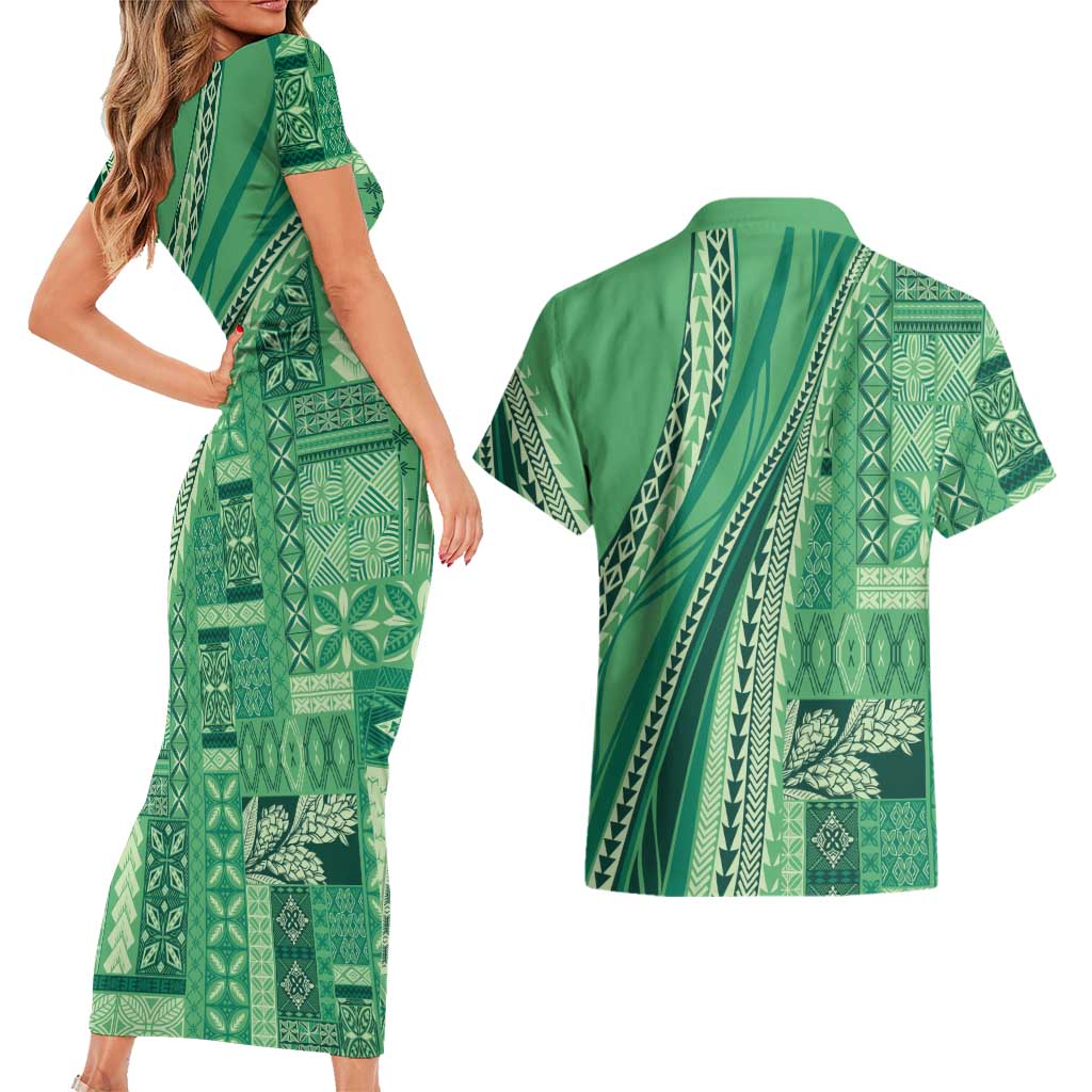 Pasifika Women's Day - Samoa Siapo Malu Tattoo Inspired Couples Matching Short Sleeve Bodycon Dress and Hawaiian Shirt Jade LT7 - Polynesian Pride