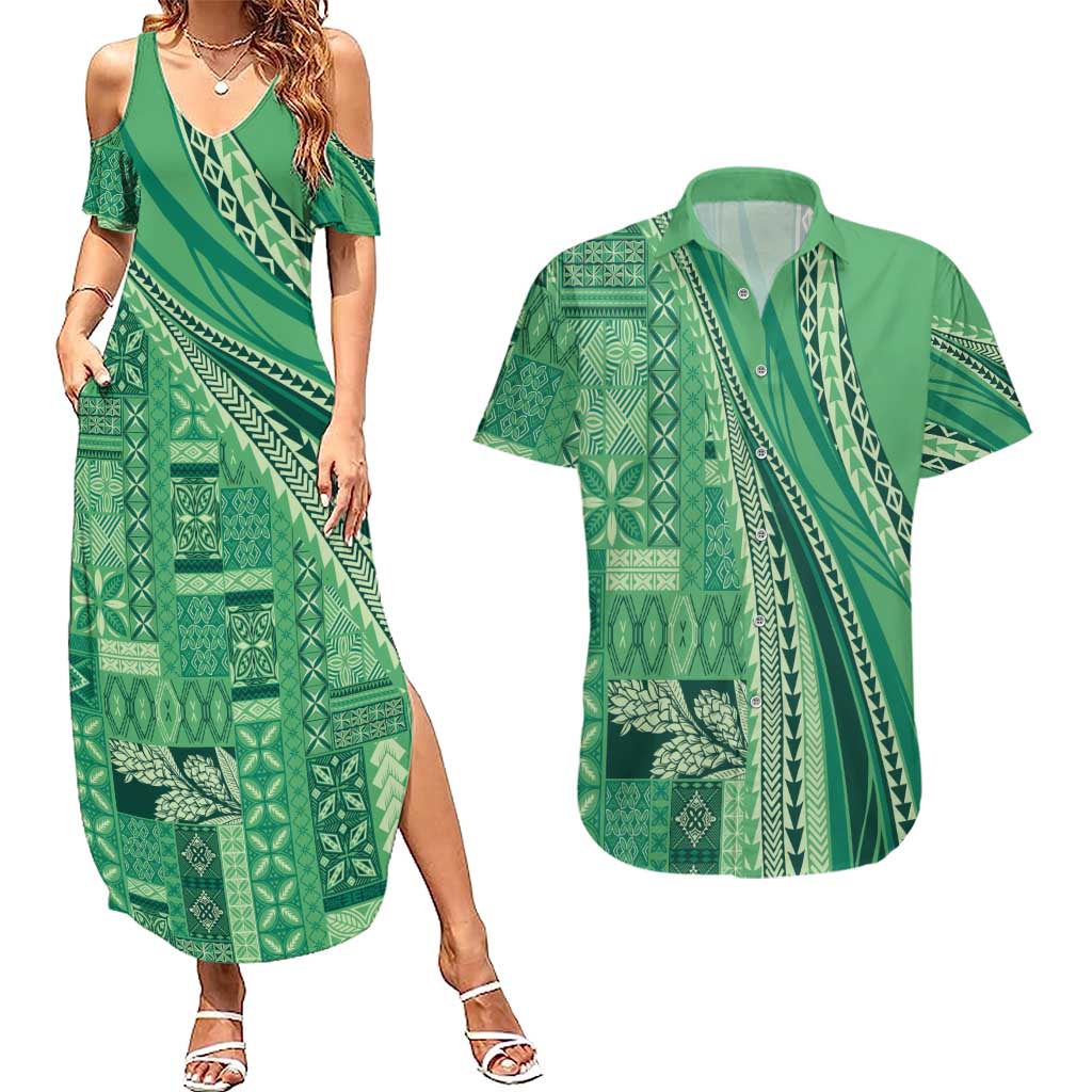 Pasifika Women's Day - Samoa Siapo Malu Tattoo Inspired Couples Matching Summer Maxi Dress and Hawaiian Shirt Jade