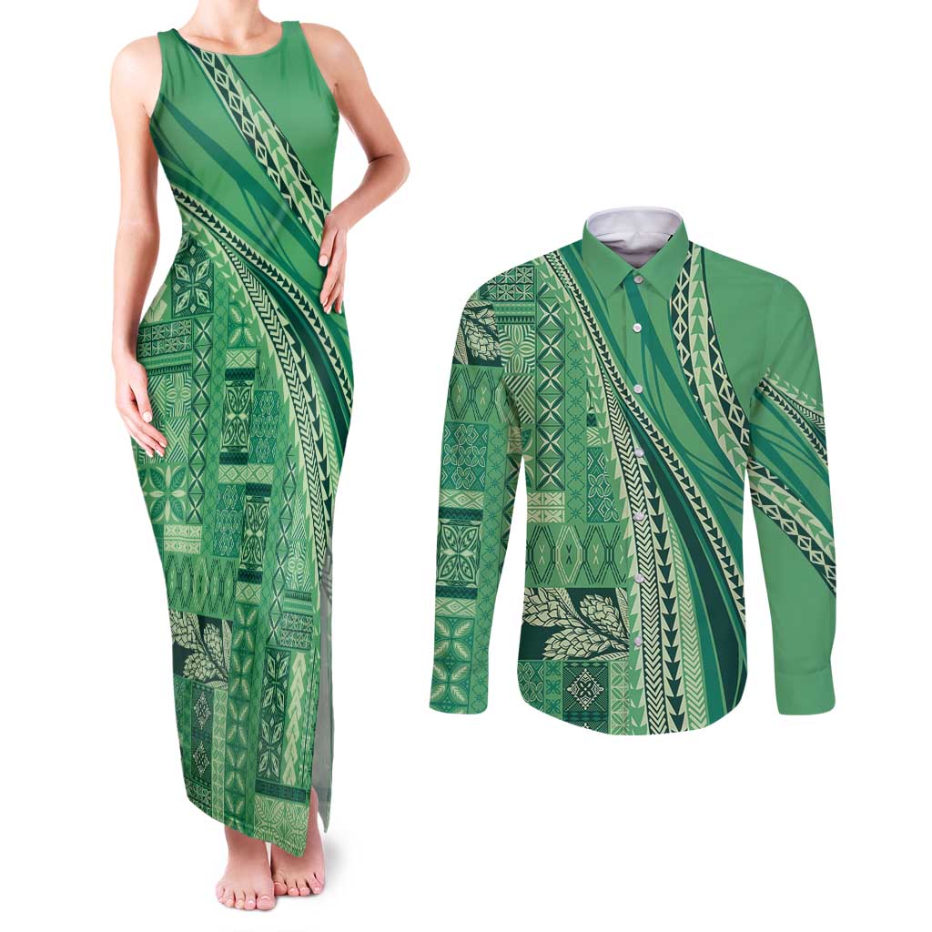 Pasifika Women's Day - Samoa Siapo Malu Tattoo Inspired Couples Matching Tank Maxi Dress and Long Sleeve Button Shirt Jade LT7 Jade - Polynesian Pride