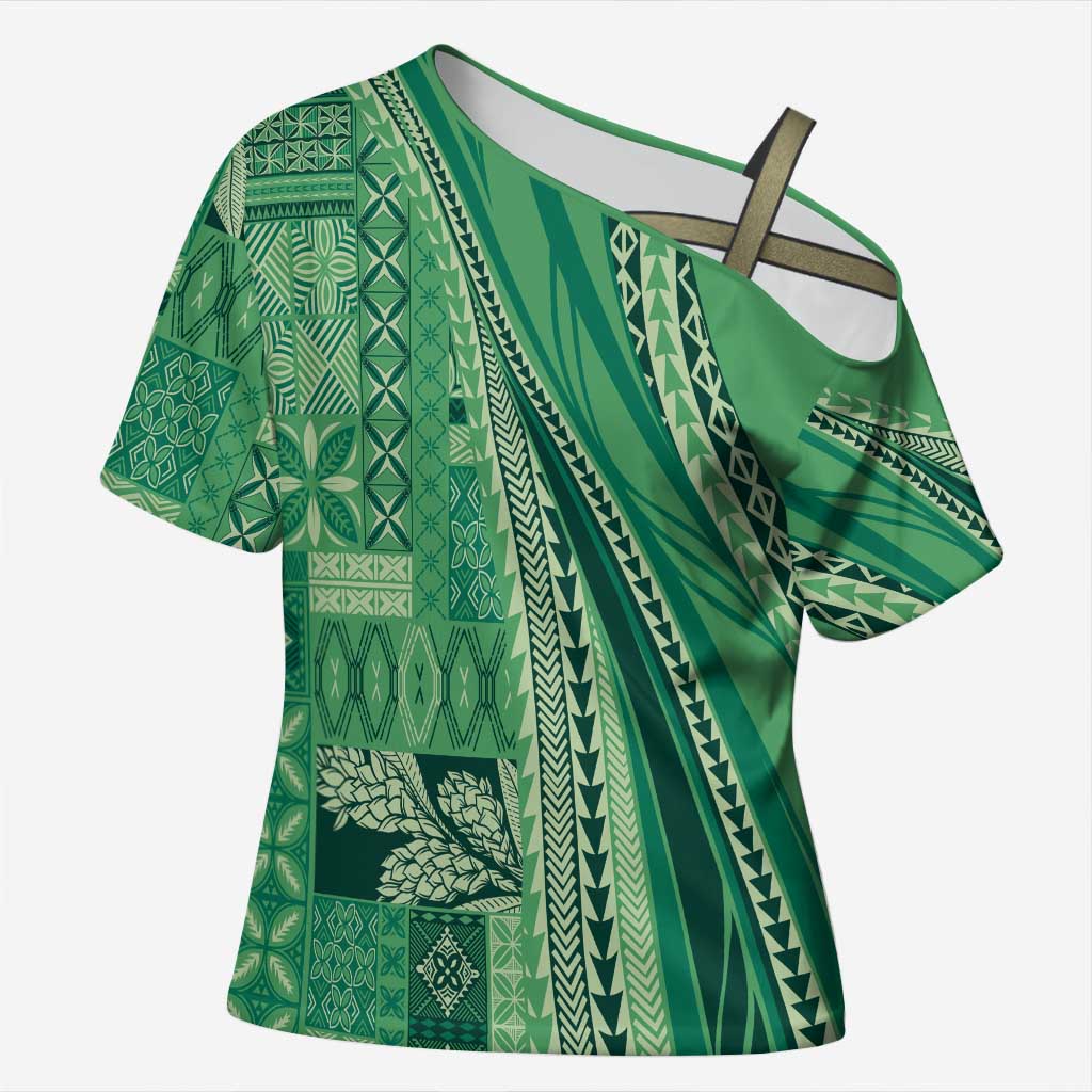 Pasifika Women's Day - Samoa Siapo Malu Tattoo Inspired Cross Shoulder Shirt Jade