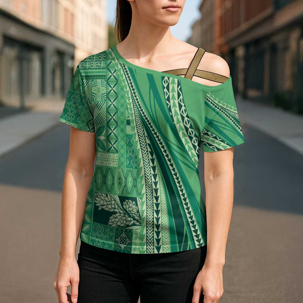 Pasifika Women's Day - Samoa Siapo Malu Tattoo Inspired Cross Shoulder Shirt Jade