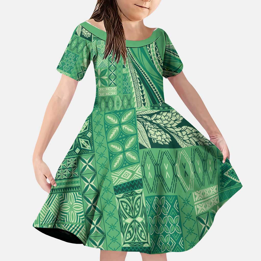 Pasifika Women's Day - Samoa Siapo Malu Tattoo Inspired Family Matching Long Sleeve Bodycon Dress and Hawaiian Shirt Jade LT7 Daughter's Dress Jade - Polynesian Pride