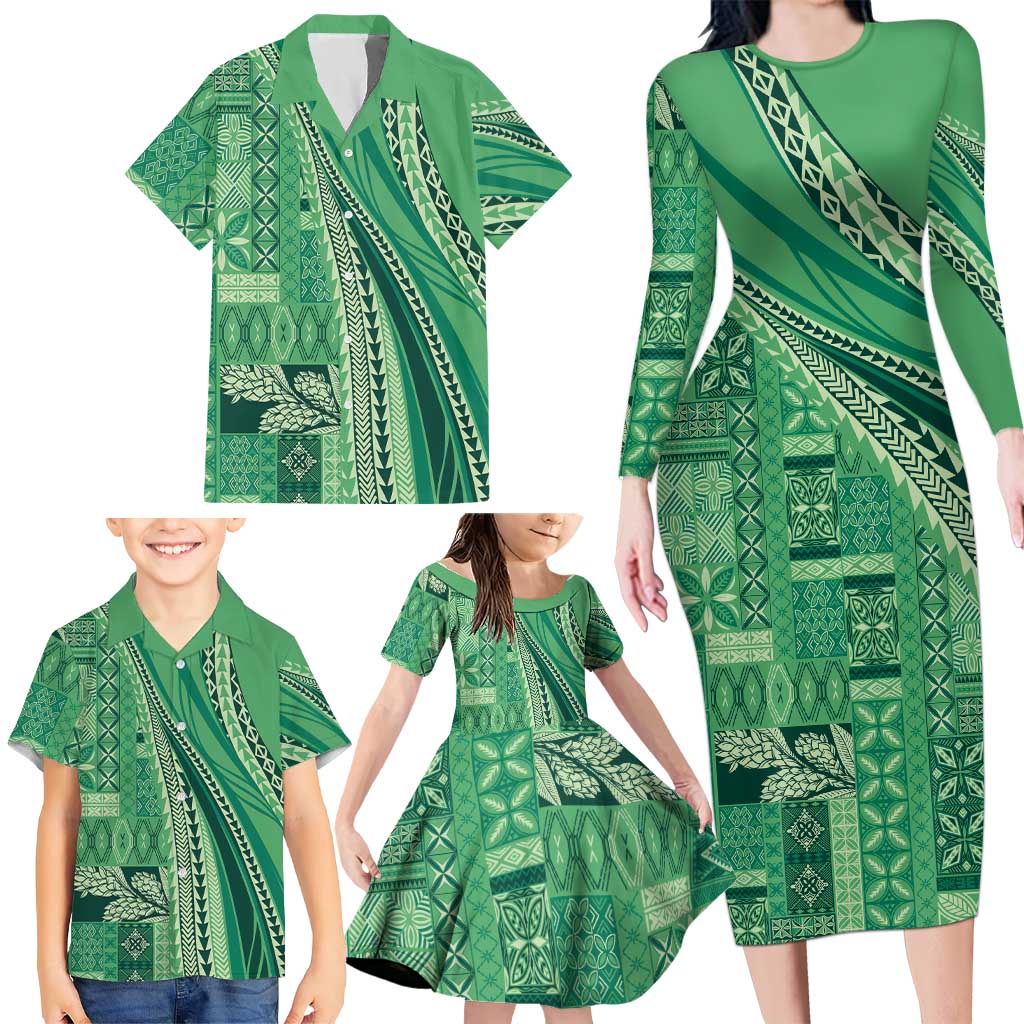 Pasifika Women's Day - Samoa Siapo Malu Tattoo Inspired Family Matching Long Sleeve Bodycon Dress and Hawaiian Shirt Jade LT7 - Polynesian Pride
