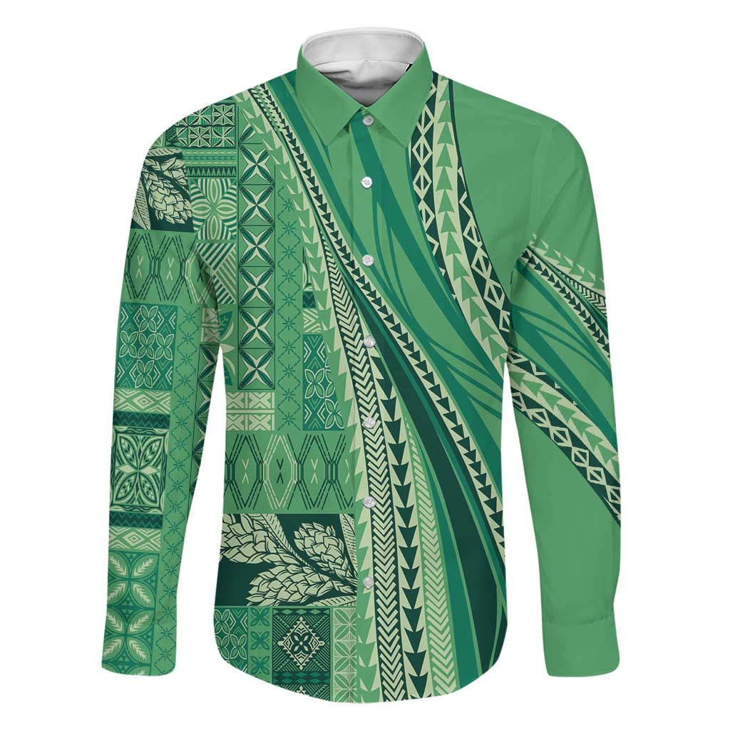 Pasifika Women's Day - Samoa Siapo Malu Tattoo Inspired Family Matching Mermaid Dress and Hawaiian Shirt Jade LT7 Dad's Shirt - Long Sleeve Jade - Polynesian Pride