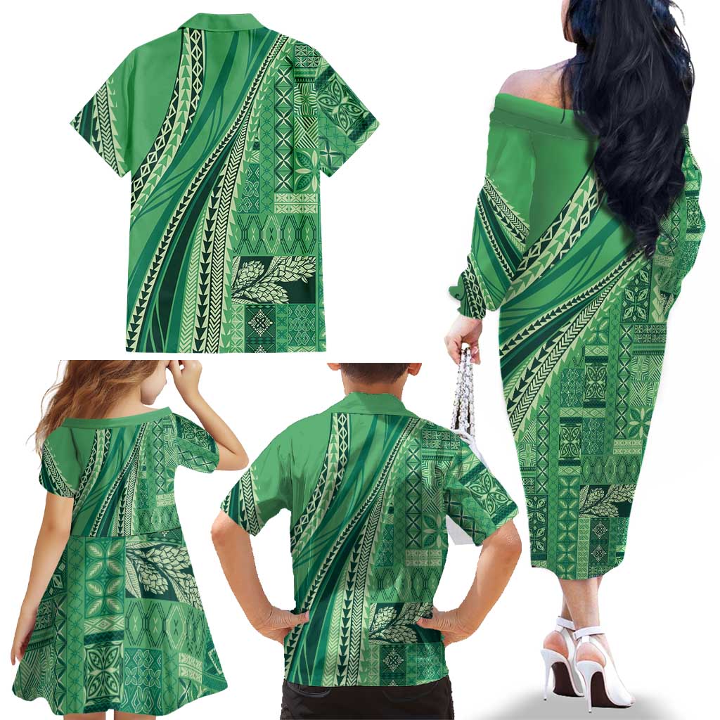 Pasifika Women's Day - Samoa Siapo Malu Tattoo Inspired Family Matching Off The Shoulder Long Sleeve Dress and Hawaiian Shirt Jade LT7 - Polynesian Pride