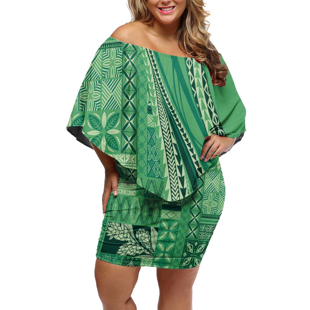 Pasifika Women's Day - Samoa Siapo Malu Tattoo Inspired Family Matching Off Shoulder Short Dress and Hawaiian Shirt Jade LT7 Mom's Dress Jade - Polynesian Pride