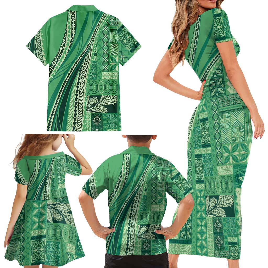Pasifika Women's Day - Samoa Siapo Malu Tattoo Inspired Family Matching Short Sleeve Bodycon Dress and Hawaiian Shirt Jade LT7 - Polynesian Pride