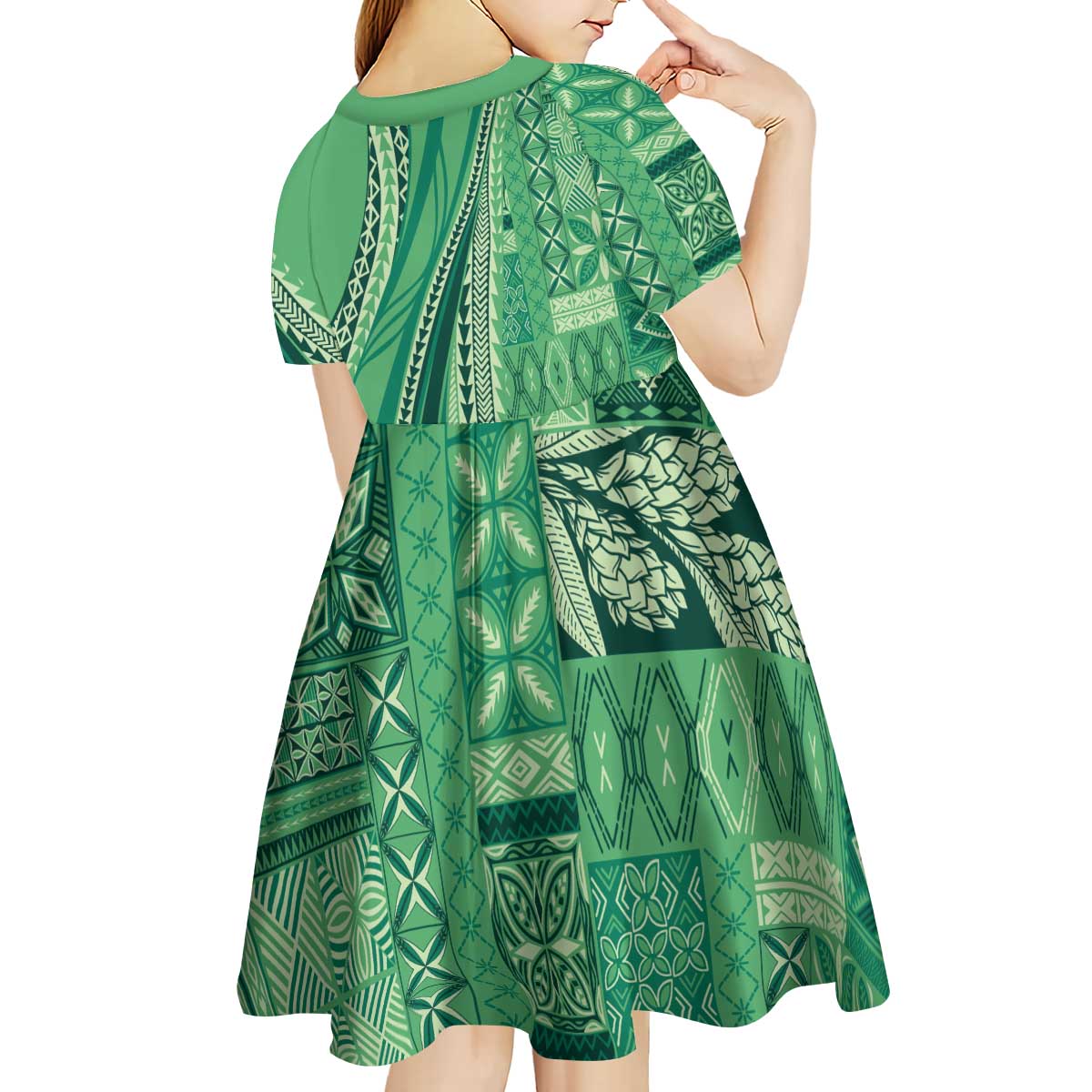 Pasifika Women's Day - Samoa Siapo Malu Tattoo Inspired Kid Short Sleeve Dress Jade