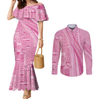 Pasifika Women's Day - Samoa Siapo Malu Tattoo Inspired Couples Matching Mermaid Dress and Long Sleeve Button Shirt Pink LT7 Pink - Polynesian Pride