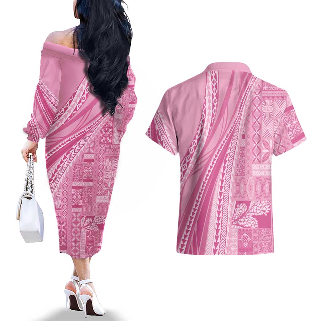 Pasifika Women's Day - Samoa Siapo Malu Tattoo Inspired Couples Matching Off The Shoulder Long Sleeve Dress and Hawaiian Shirt Pink LT7 - Polynesian Pride
