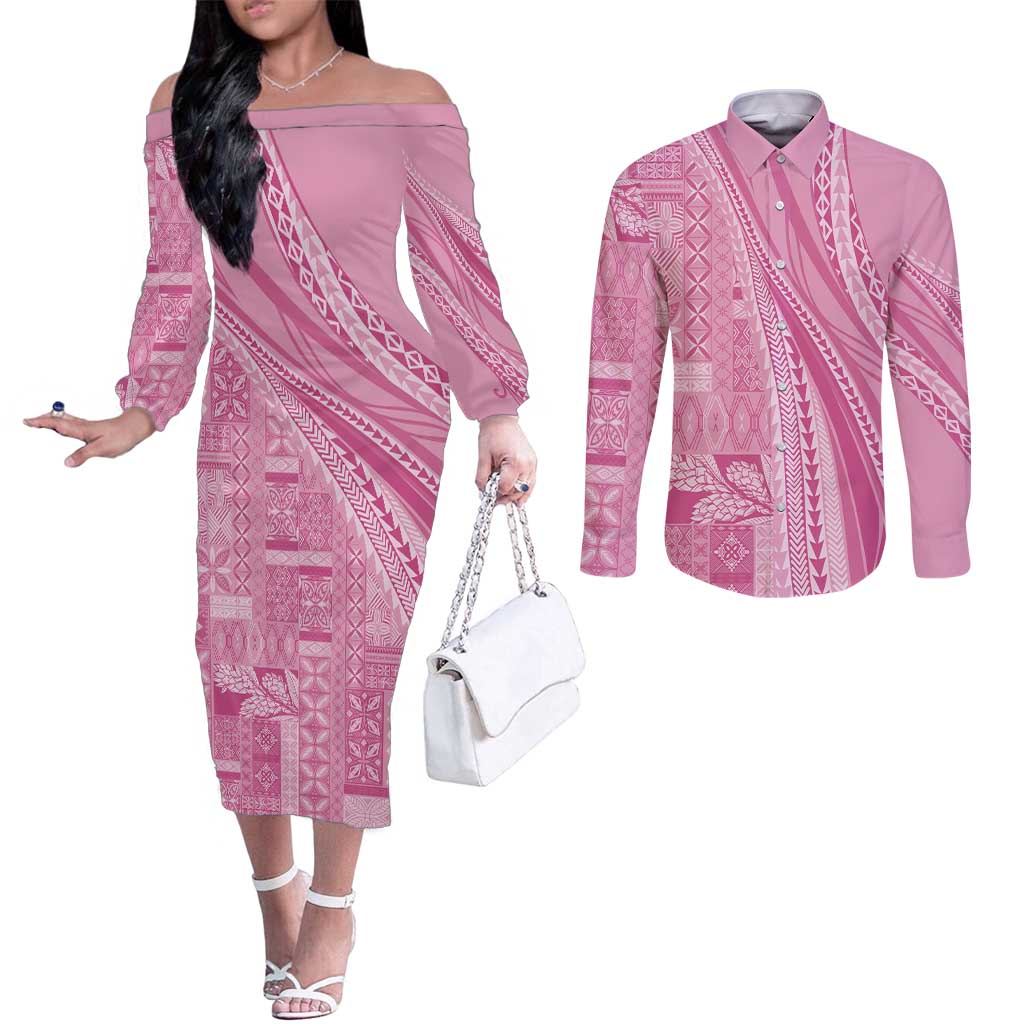 Pasifika Women's Day - Samoa Siapo Malu Tattoo Inspired Couples Matching Off The Shoulder Long Sleeve Dress and Long Sleeve Button Shirt Pink LT7 Pink - Polynesian Pride