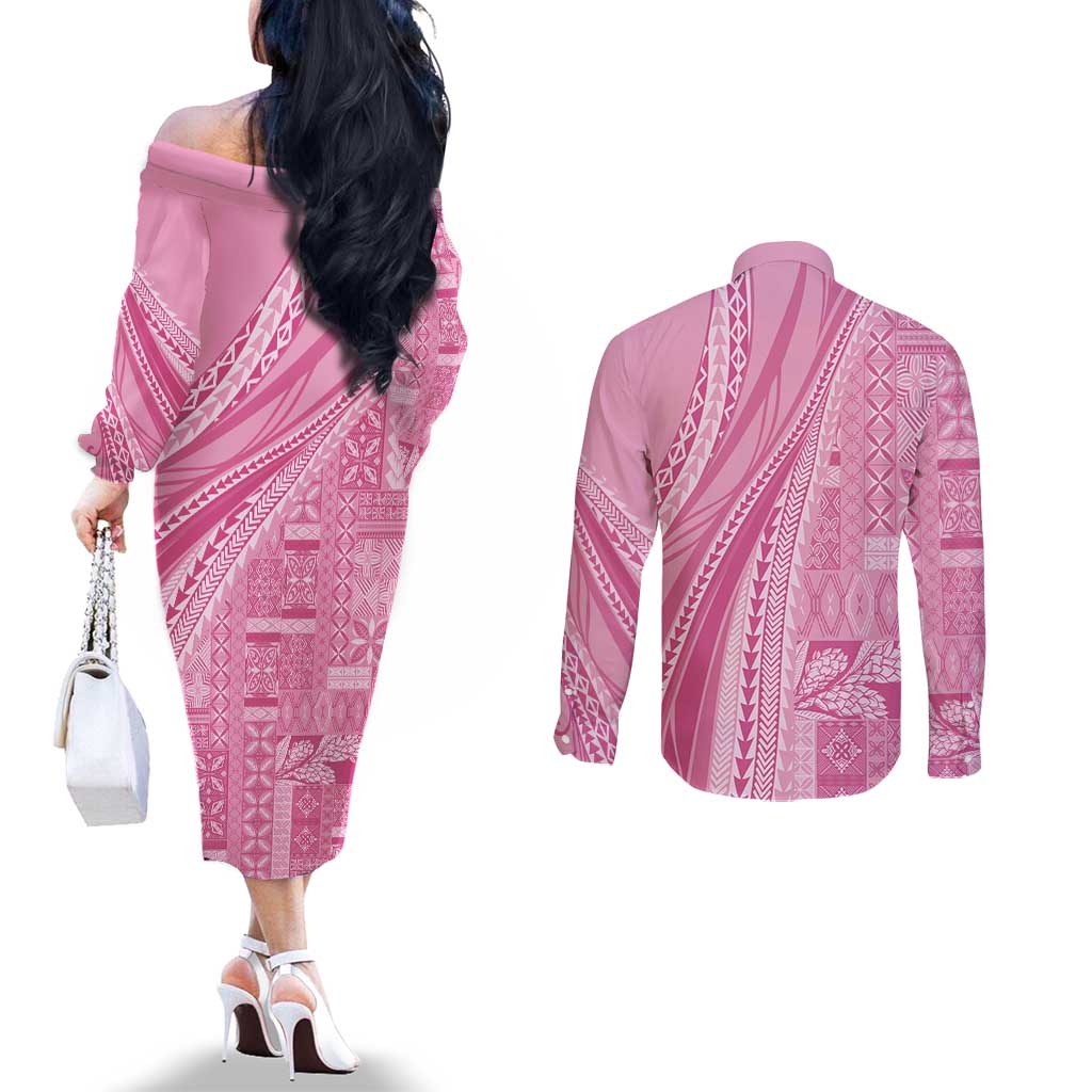 Pasifika Women's Day - Samoa Siapo Malu Tattoo Inspired Couples Matching Off The Shoulder Long Sleeve Dress and Long Sleeve Button Shirt Pink LT7 - Polynesian Pride