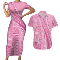 Pasifika Women's Day - Samoa Siapo Malu Tattoo Inspired Couples Matching Short Sleeve Bodycon Dress and Hawaiian Shirt Pink LT7 Pink - Polynesian Pride