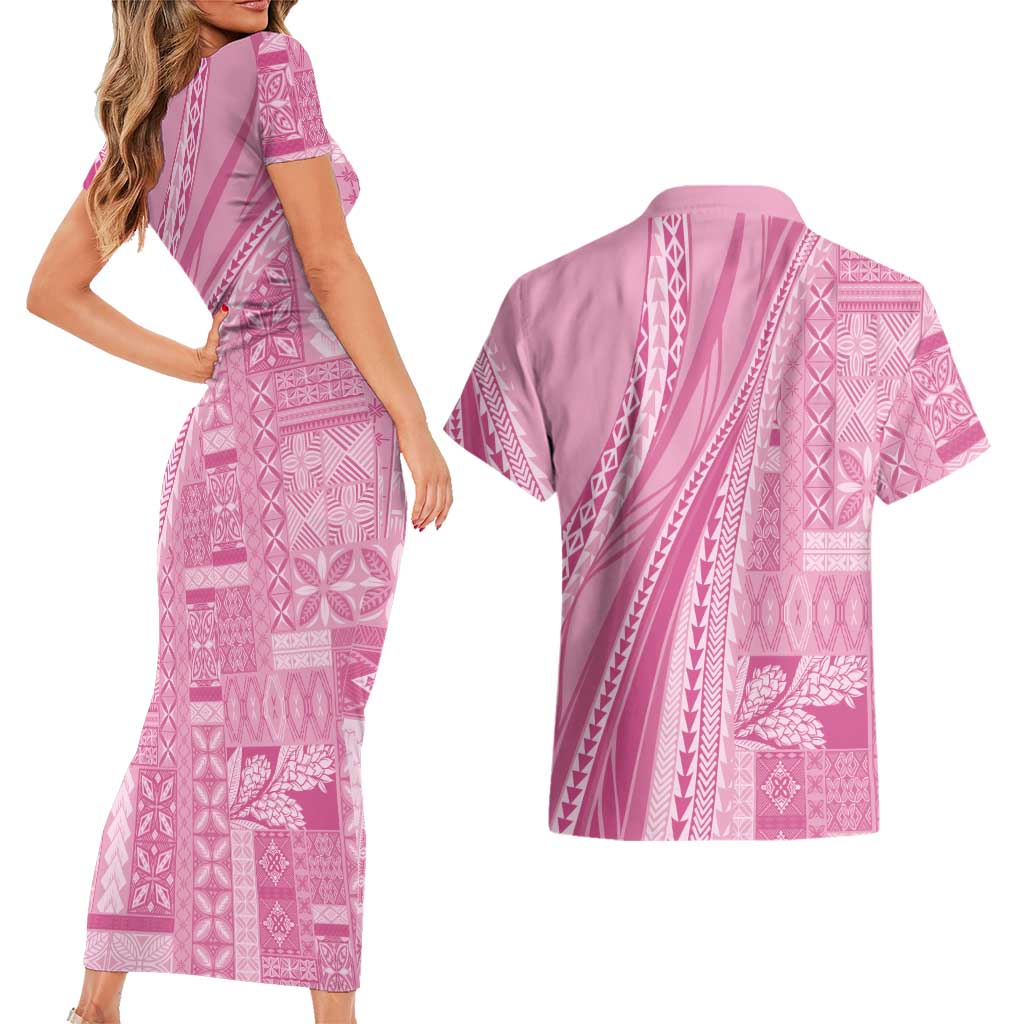 Pasifika Women's Day - Samoa Siapo Malu Tattoo Inspired Couples Matching Short Sleeve Bodycon Dress and Hawaiian Shirt Pink LT7 - Polynesian Pride