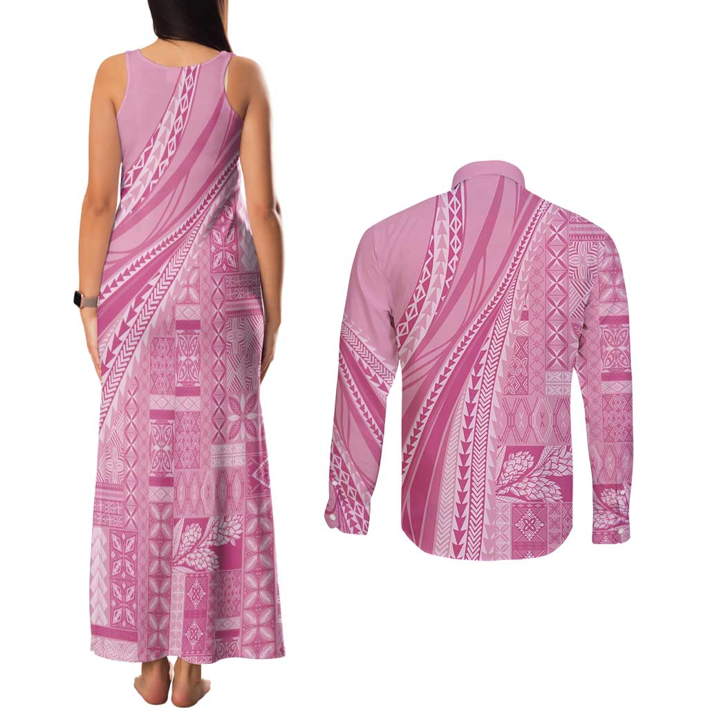 Pasifika Women's Day - Samoa Siapo Malu Tattoo Inspired Couples Matching Tank Maxi Dress and Long Sleeve Button Shirt Pink LT7 - Polynesian Pride