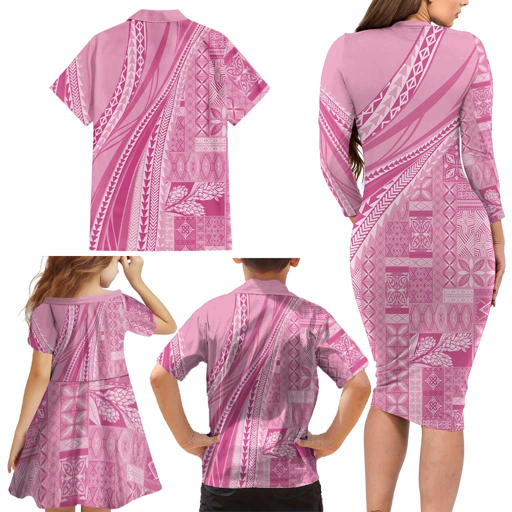 Pasifika Women's Day - Samoa Siapo Malu Tattoo Inspired Family Matching Long Sleeve Bodycon Dress and Hawaiian Shirt Pink LT7 - Polynesian Pride