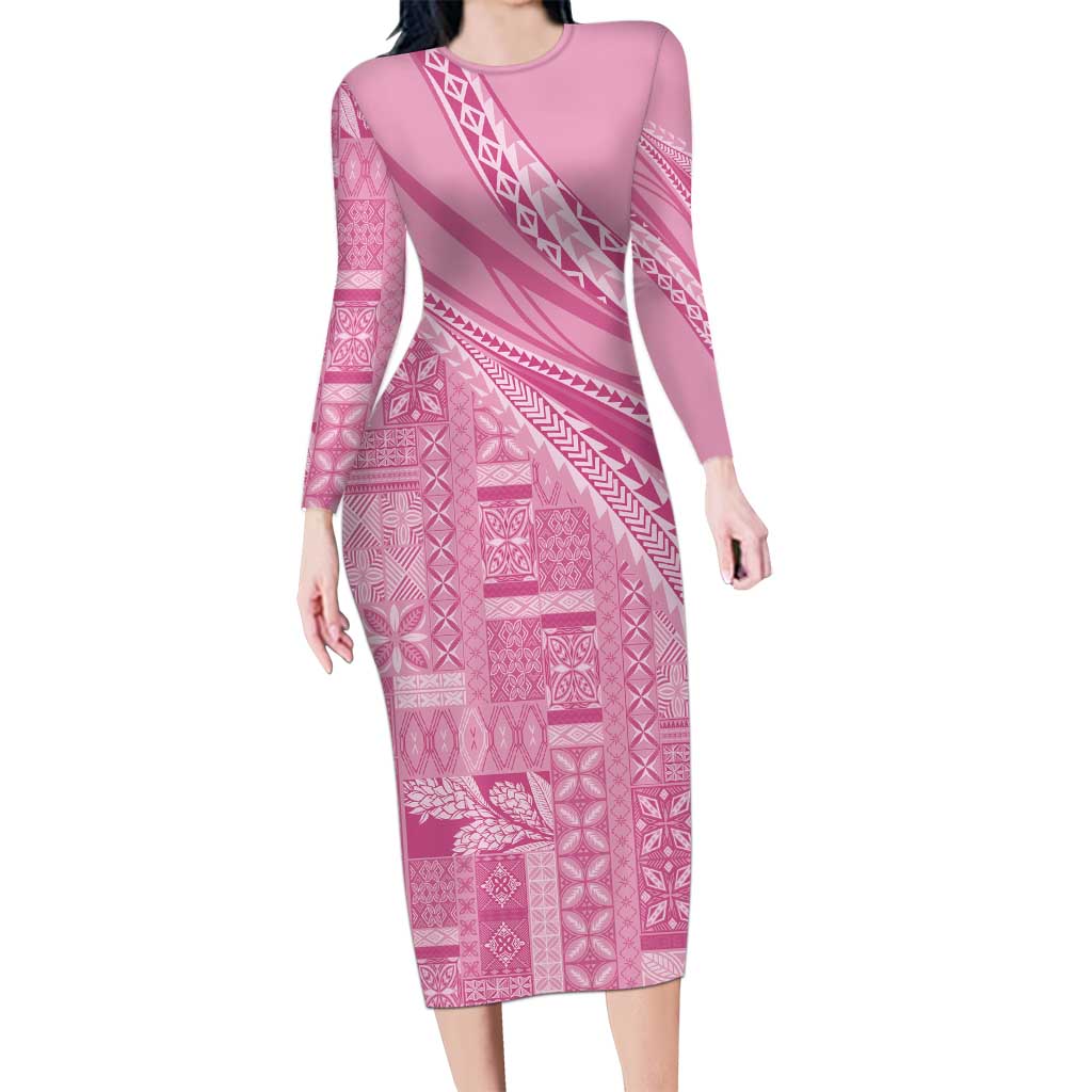 Pasifika Women's Day - Samoa Siapo Malu Tattoo Inspired Family Matching Long Sleeve Bodycon Dress and Hawaiian Shirt Pink LT7 Mom's Dress Pink - Polynesian Pride