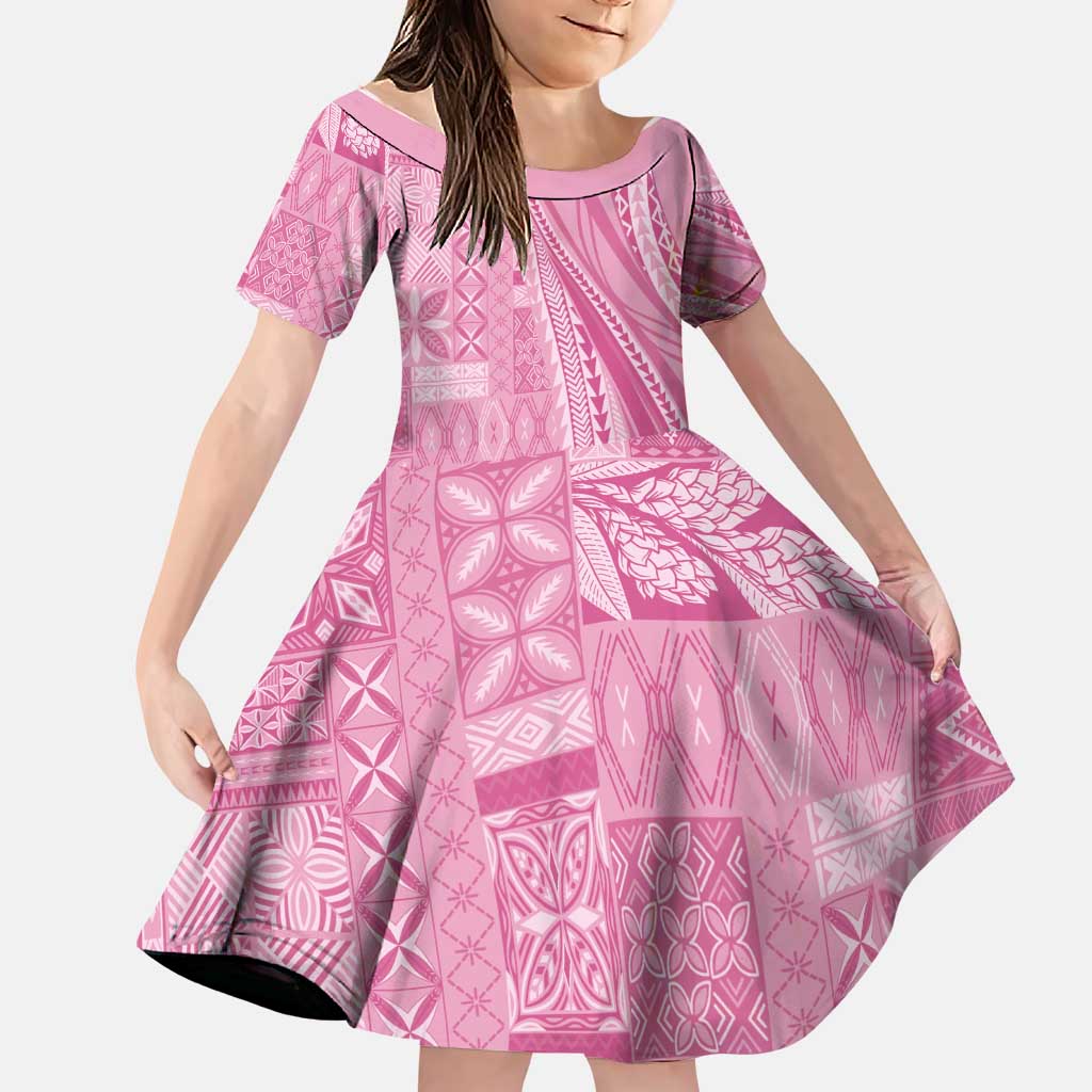 Pasifika Women's Day - Samoa Siapo Malu Tattoo Inspired Family Matching Off The Shoulder Long Sleeve Dress and Hawaiian Shirt Pink LT7 Daughter's Dress Pink - Polynesian Pride
