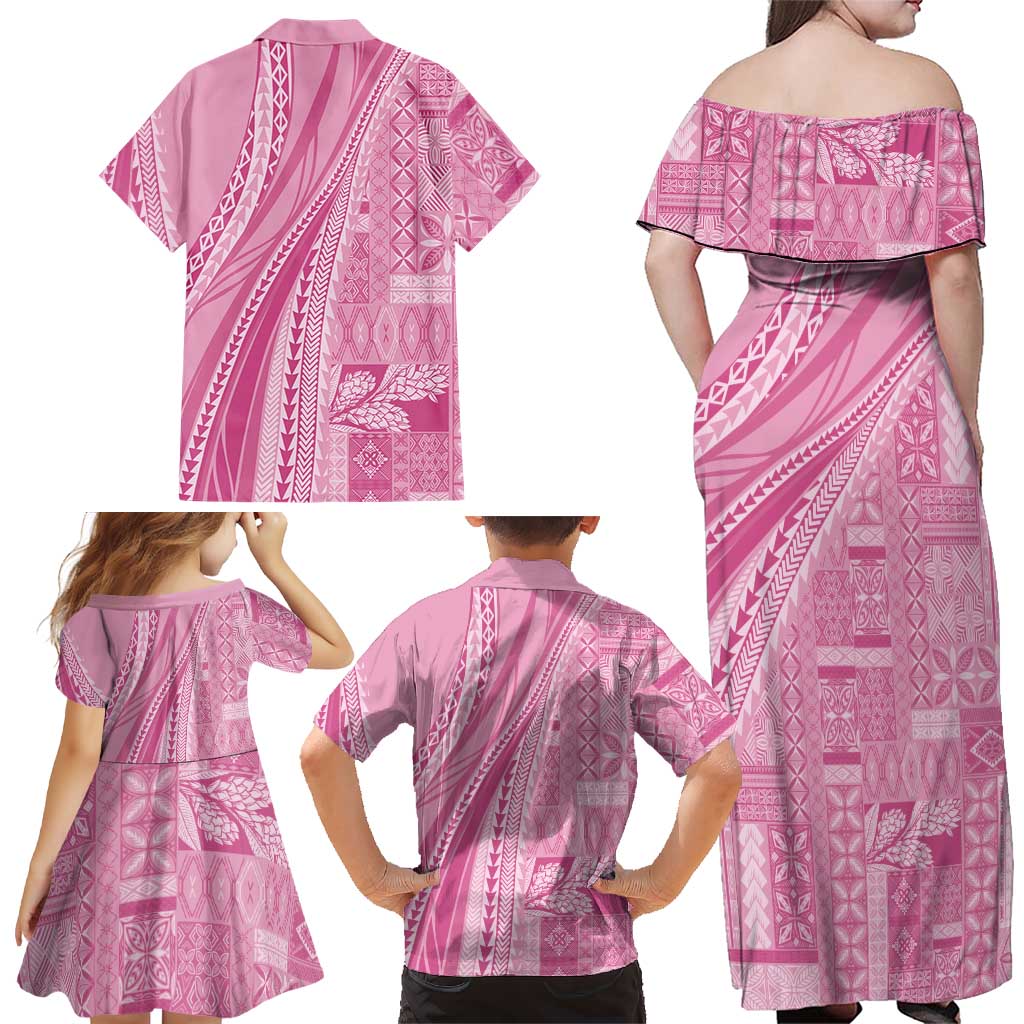 Pasifika Women's Day - Samoa Siapo Malu Tattoo Inspired Family Matching Off Shoulder Maxi Dress and Hawaiian Shirt Pink LT7 - Polynesian Pride
