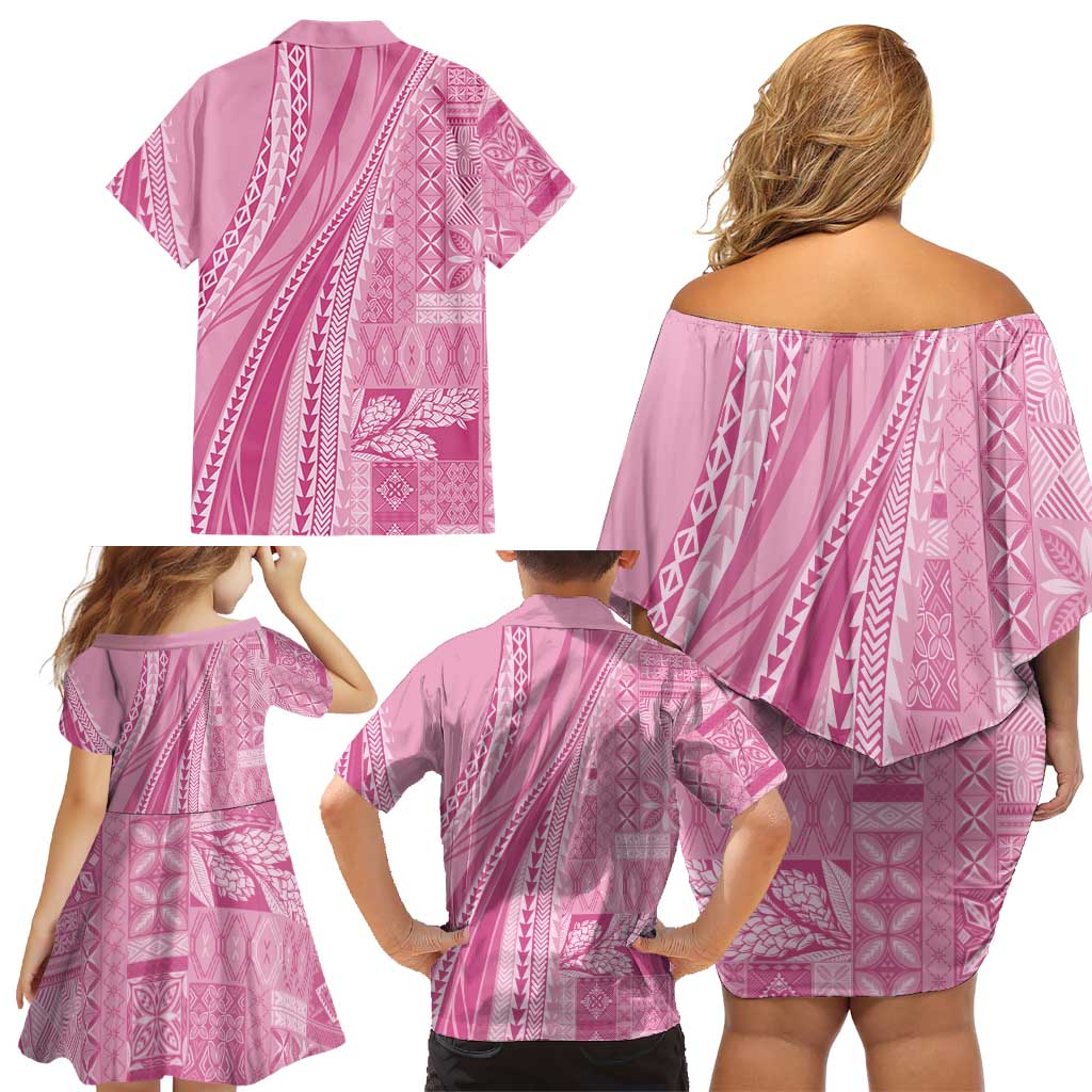 Pasifika Women's Day - Samoa Siapo Malu Tattoo Inspired Family Matching Off Shoulder Short Dress and Hawaiian Shirt Pink LT7 - Polynesian Pride