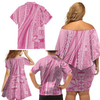 Pasifika Women's Day - Samoa Siapo Malu Tattoo Inspired Family Matching Off Shoulder Short Dress and Hawaiian Shirt Pink LT7 - Polynesian Pride