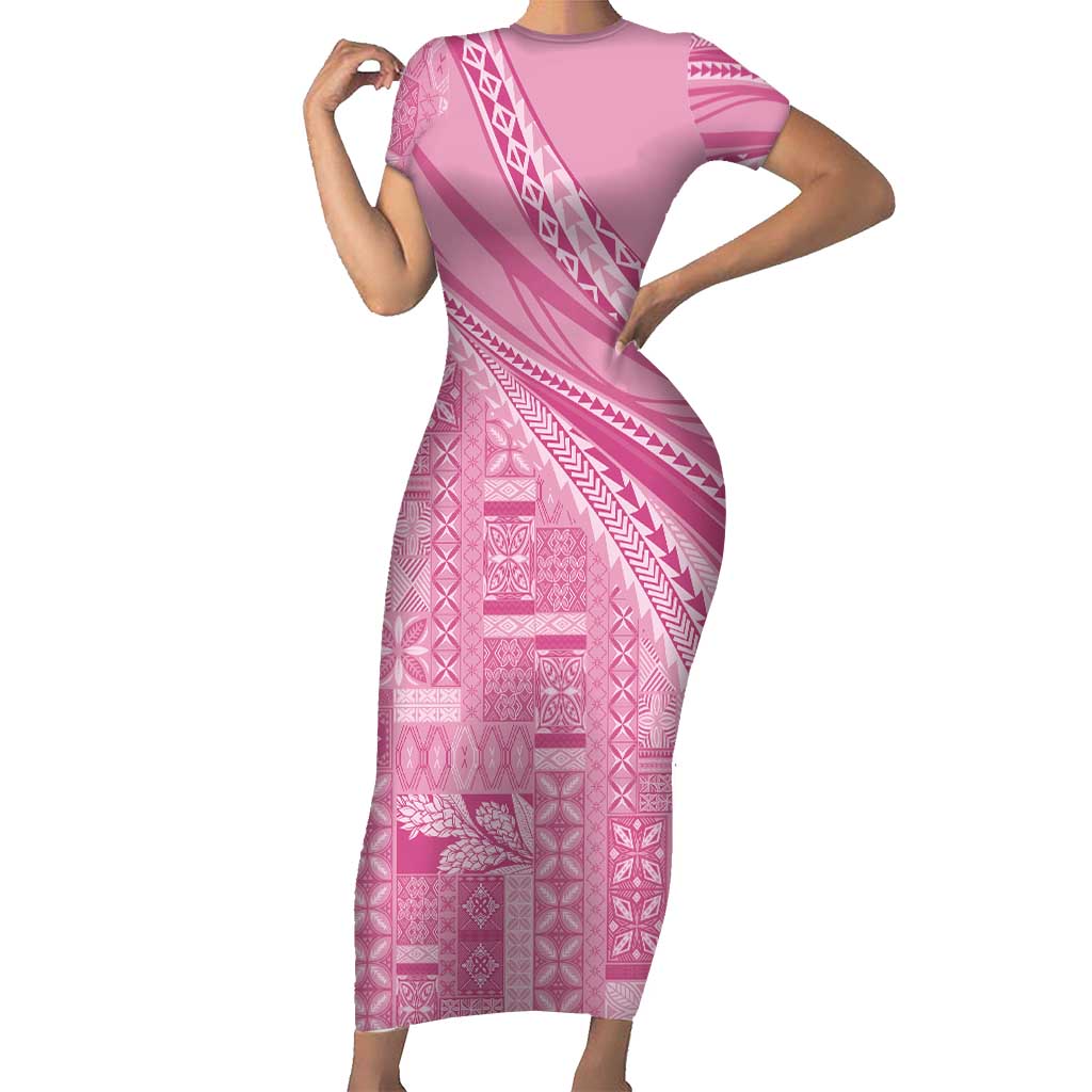 Pasifika Women's Day - Samoa Siapo Malu Tattoo Inspired Family Matching Short Sleeve Bodycon Dress and Hawaiian Shirt Pink LT7 Mom's Dress Pink - Polynesian Pride