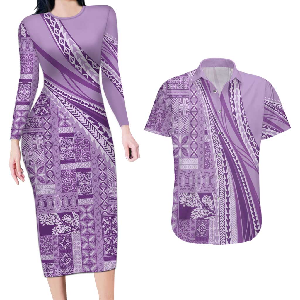 Pasifika Women's Day - Samoa Siapo Malu Tattoo Inspired Couples Matching Long Sleeve Bodycon Dress and Hawaiian Shirt Lavender LT7 Lavender - Polynesian Pride