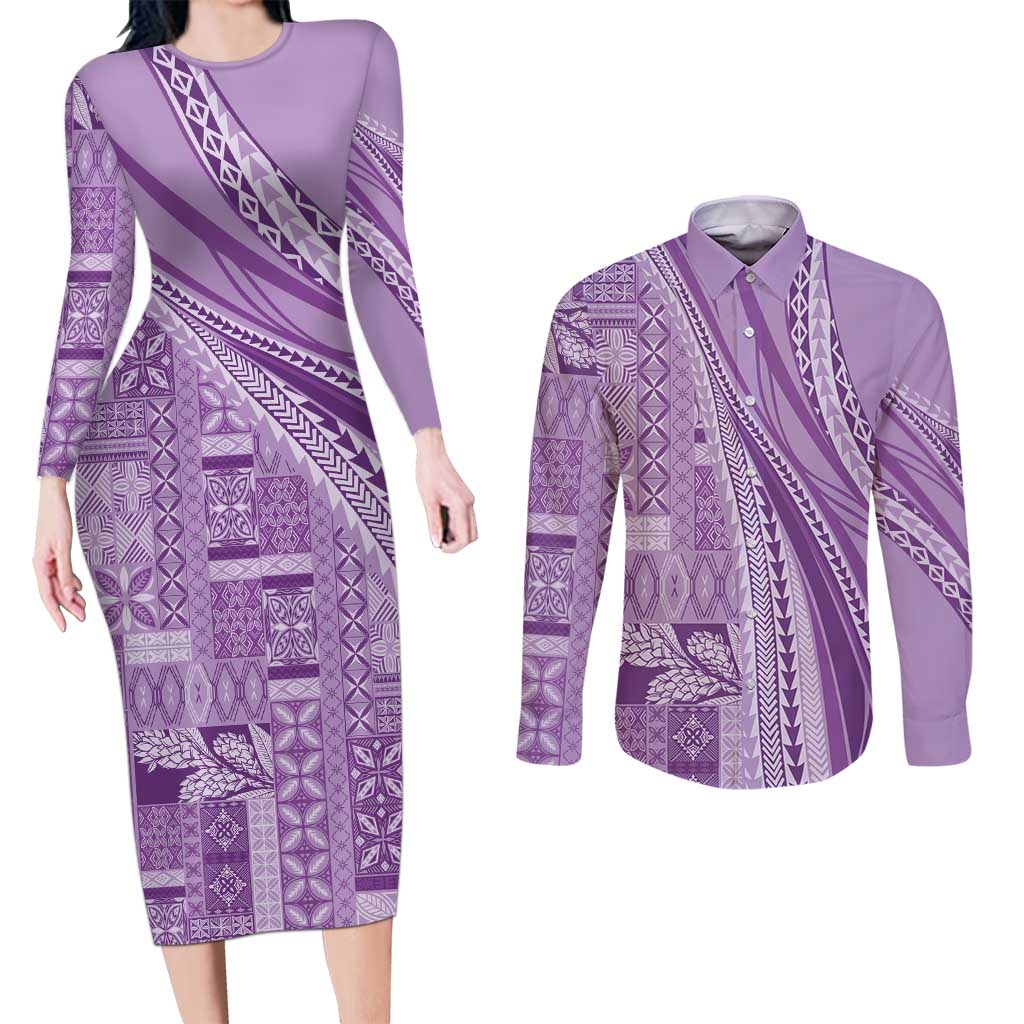 Pasifika Women's Day - Samoa Siapo Malu Tattoo Inspired Couples Matching Long Sleeve Bodycon Dress and Long Sleeve Button Shirt Lavender LT7 Lavender - Polynesian Pride