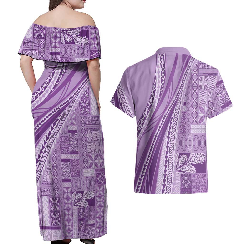 Pasifika Women's Day - Samoa Siapo Malu Tattoo Inspired Couples Matching Off Shoulder Maxi Dress and Hawaiian Shirt Lavender LT7 - Polynesian Pride