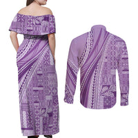 Pasifika Women's Day - Samoa Siapo Malu Tattoo Inspired Couples Matching Off Shoulder Maxi Dress and Long Sleeve Button Shirt Lavender