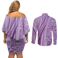Pasifika Women's Day - Samoa Siapo Malu Tattoo Inspired Couples Matching Off Shoulder Short Dress and Long Sleeve Button Shirt Lavender