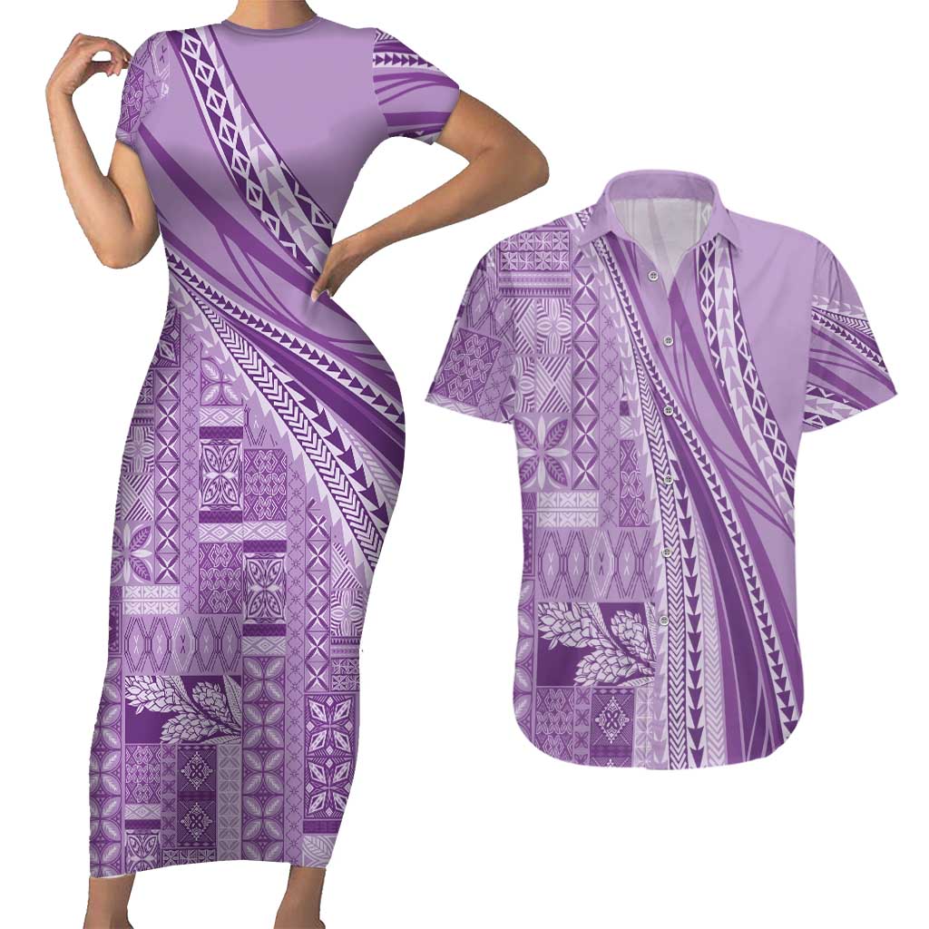 Pasifika Women's Day - Samoa Siapo Malu Tattoo Inspired Couples Matching Short Sleeve Bodycon Dress and Hawaiian Shirt Lavender LT7 Lavender - Polynesian Pride