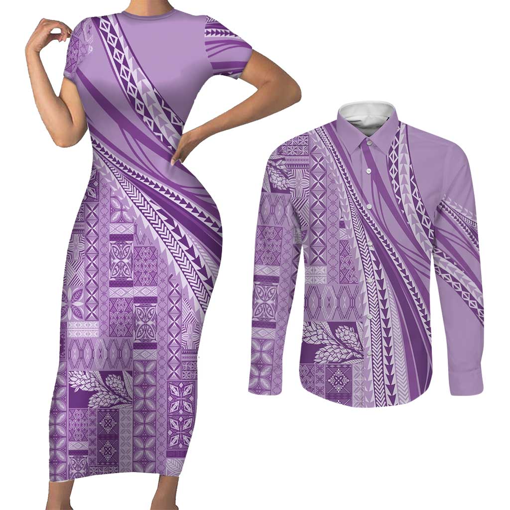 Pasifika Women's Day - Samoa Siapo Malu Tattoo Inspired Couples Matching Short Sleeve Bodycon Dress and Long Sleeve Button Shirt Lavender