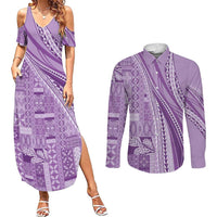 Pasifika Women's Day - Samoa Siapo Malu Tattoo Inspired Couples Matching Summer Maxi Dress and Long Sleeve Button Shirt Lavender
