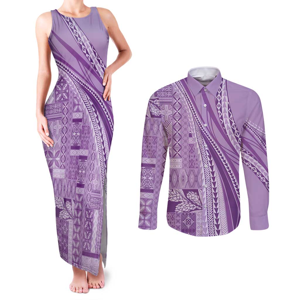 Pasifika Women's Day - Samoa Siapo Malu Tattoo Inspired Couples Matching Tank Maxi Dress and Long Sleeve Button Shirt Lavender LT7 Lavender - Polynesian Pride
