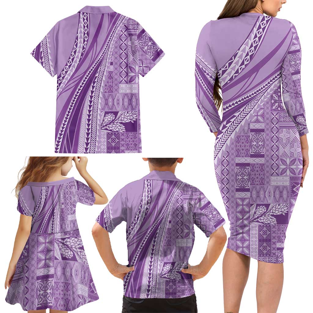 Pasifika Women's Day - Samoa Siapo Malu Tattoo Inspired Family Matching Long Sleeve Bodycon Dress and Hawaiian Shirt Lavender LT7 - Polynesian Pride