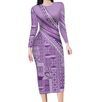 Pasifika Women's Day - Samoa Siapo Malu Tattoo Inspired Family Matching Long Sleeve Bodycon Dress and Hawaiian Shirt Lavender LT7 Mom's Dress Lavender - Polynesian Pride