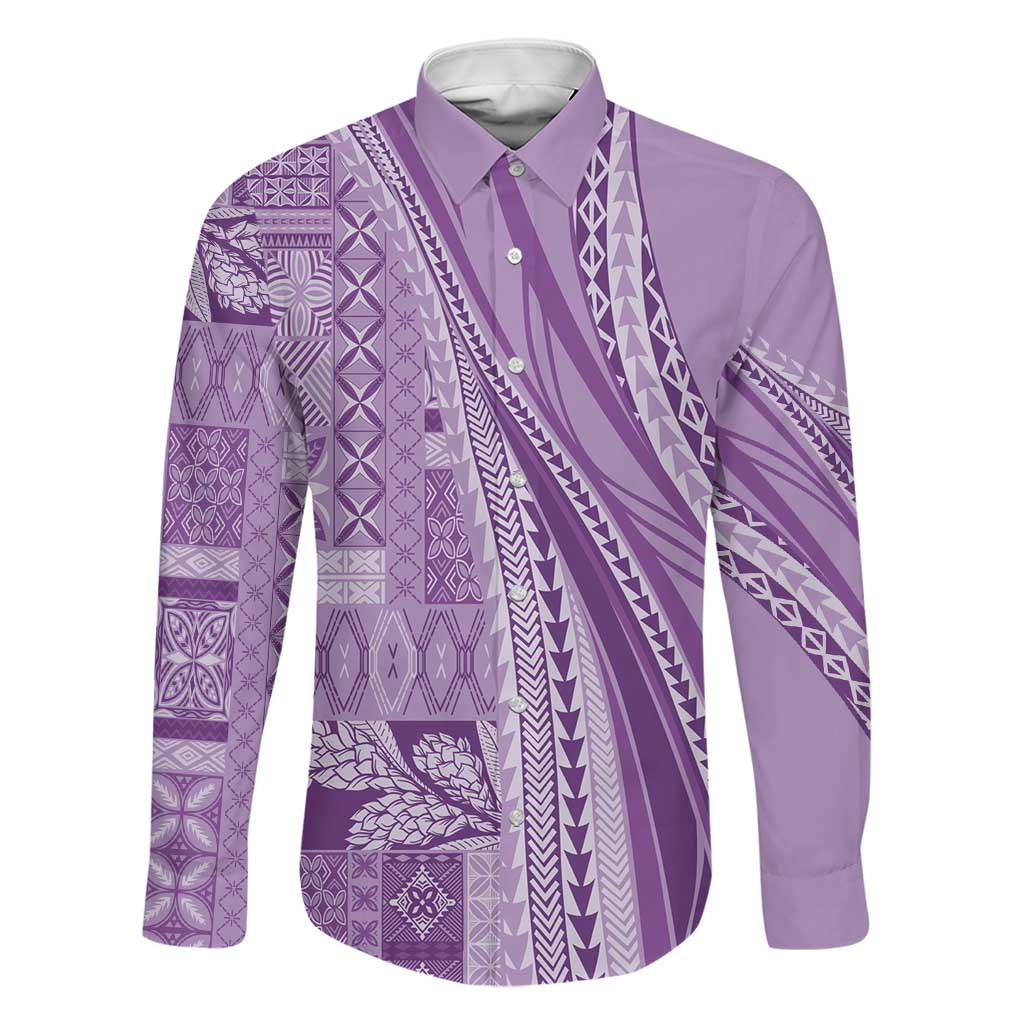 Pasifika Women's Day - Samoa Siapo Malu Tattoo Inspired Family Matching Mermaid Dress and Hawaiian Shirt Lavender LT7 Dad's Shirt - Long Sleeve Lavender - Polynesian Pride