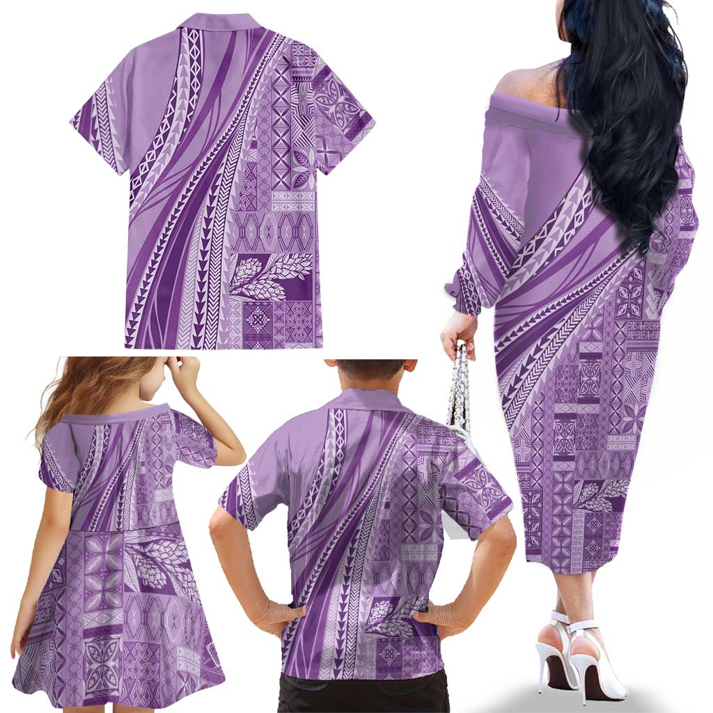 Pasifika Women's Day - Samoa Siapo Malu Tattoo Inspired Family Matching Off The Shoulder Long Sleeve Dress and Hawaiian Shirt Lavender LT7 - Polynesian Pride