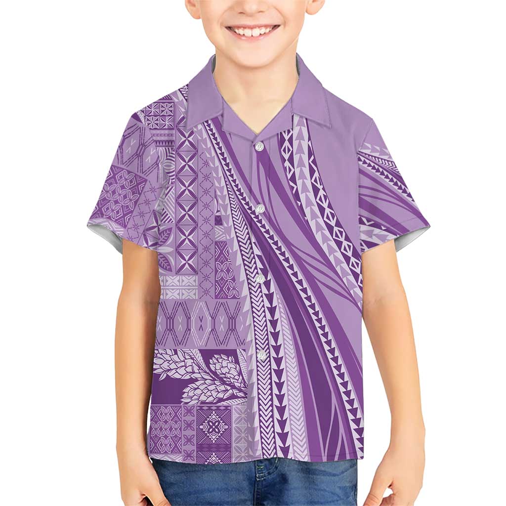 Pasifika Women's Day - Samoa Siapo Malu Tattoo Inspired Family Matching Off Shoulder Maxi Dress and Hawaiian Shirt Lavender LT7 Son's Shirt Lavender - Polynesian Pride