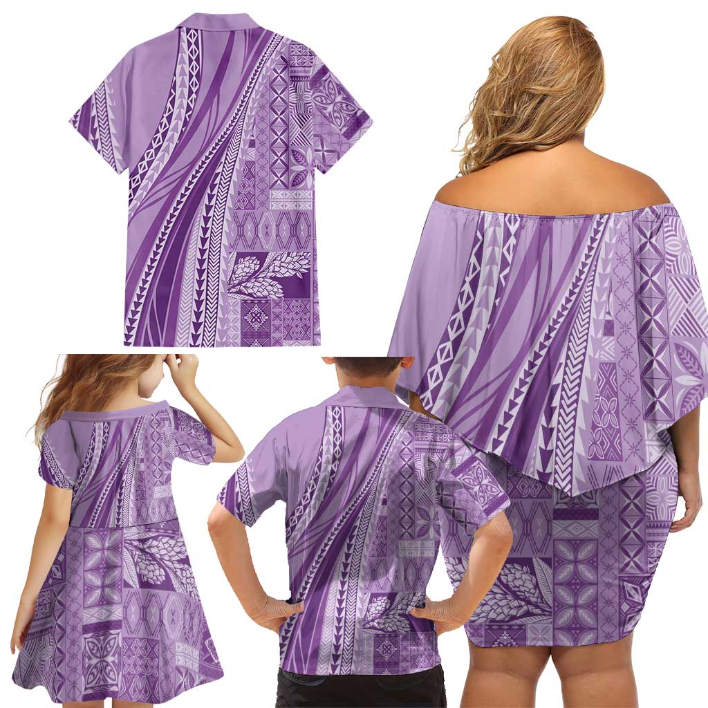 Pasifika Women's Day - Samoa Siapo Malu Tattoo Inspired Family Matching Off Shoulder Short Dress and Hawaiian Shirt Lavender LT7 - Polynesian Pride